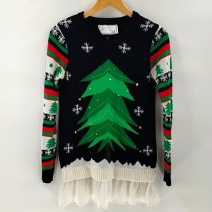 Ugly Christmas Sweater size medium sequin bells trees and ruffle vintage